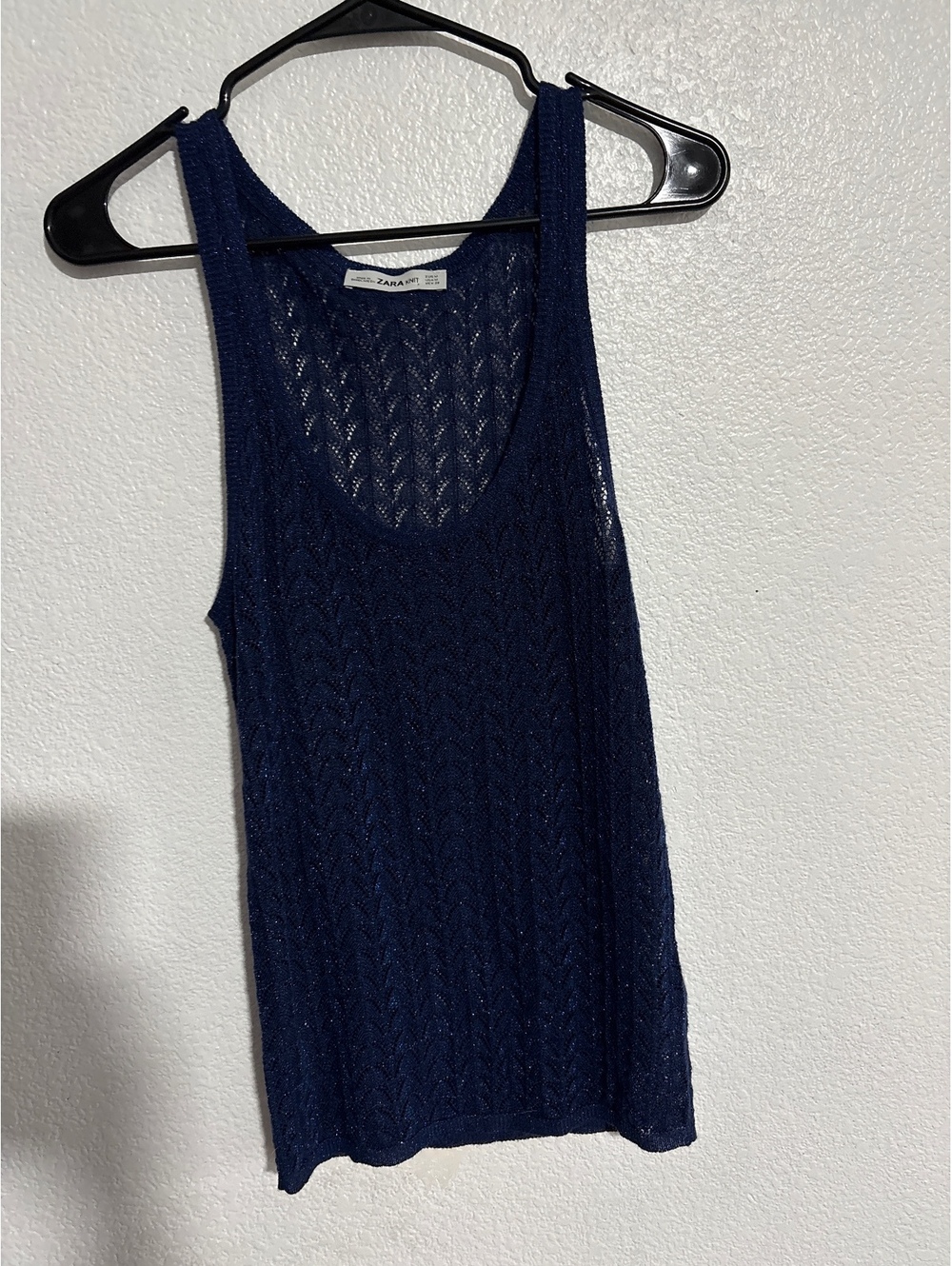 ZARA Knit Navy Blue Sheer Sleeveless Tank Top, Size Medium